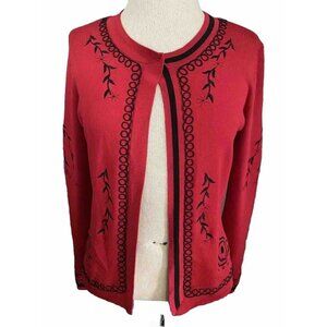 Cyrus Cardigan Women’s Small Open Front Red Black Embroidered Dressy Sweater